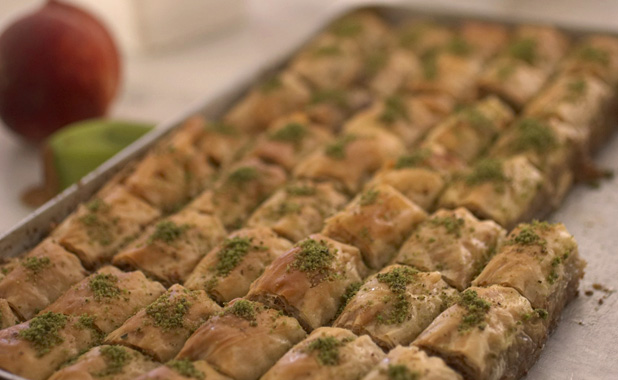 Baklava, the layered filo pastry filled with chopped nuts and soaked in honey